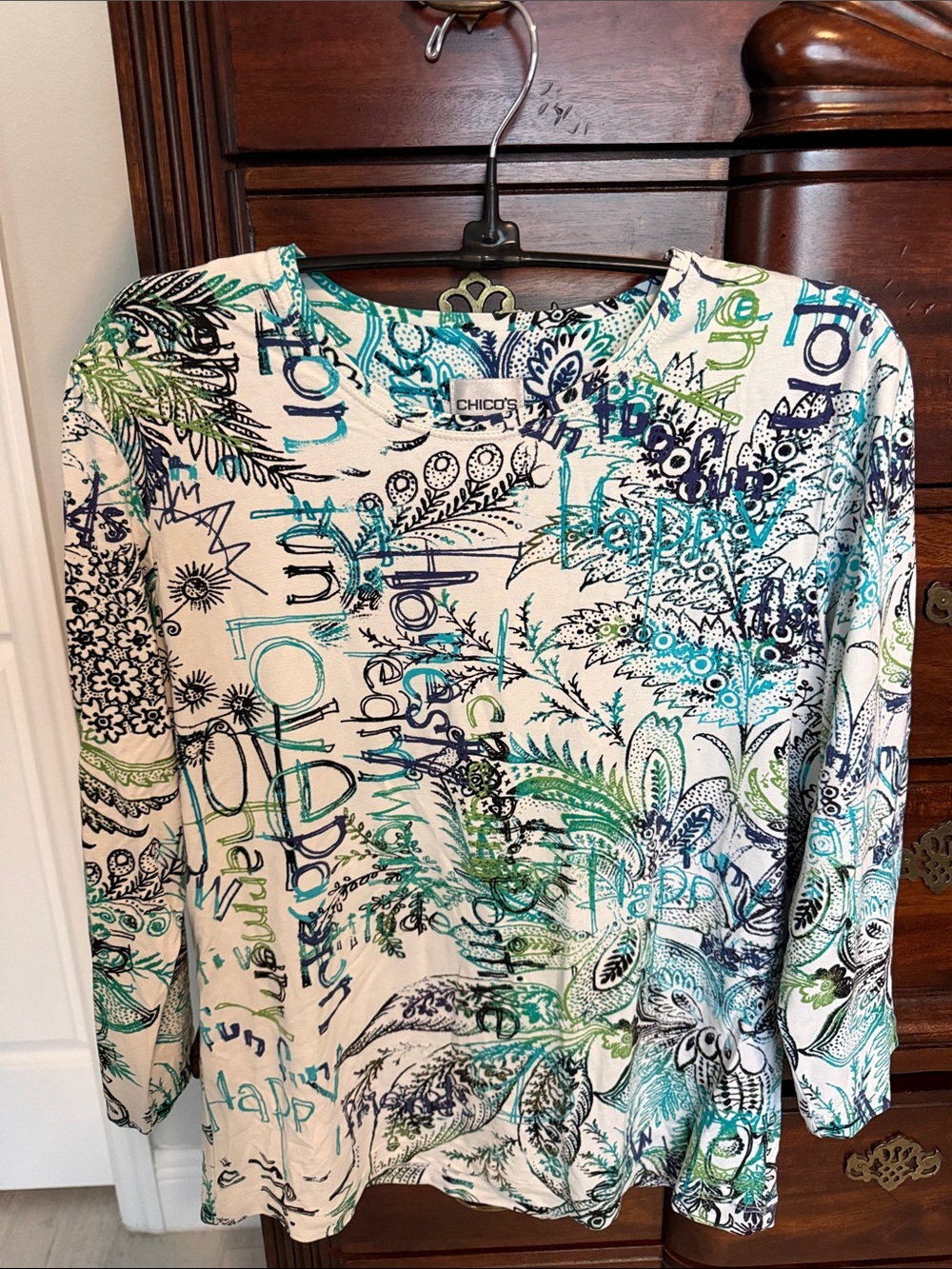 Chico's White Floral & Teal Script Long-Sleeve Top